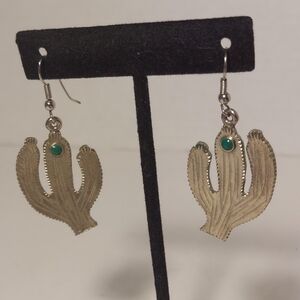 Southwest Saguaro Cactus Silver Tone Faux Turquoise Dangle Earrings Boho